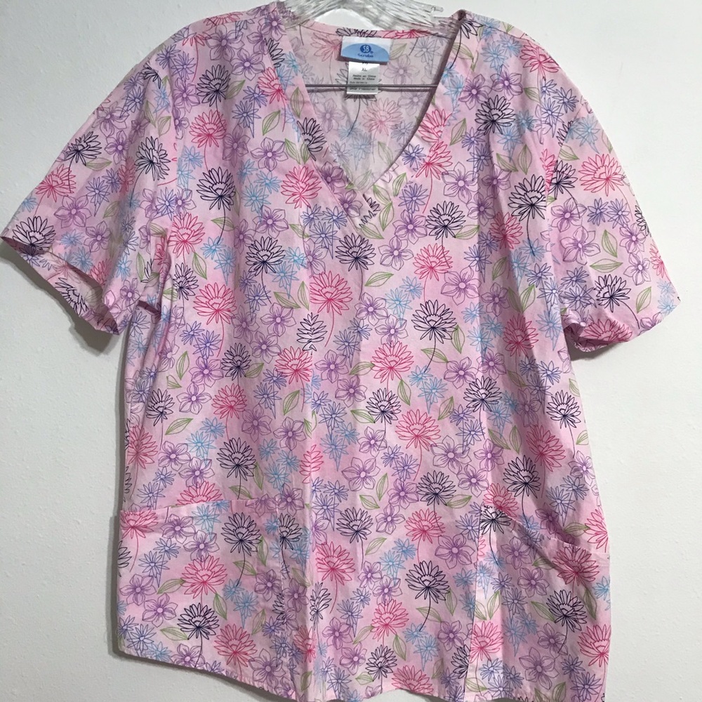 SB Scrub Top Pink Floral Short Sleeves XL